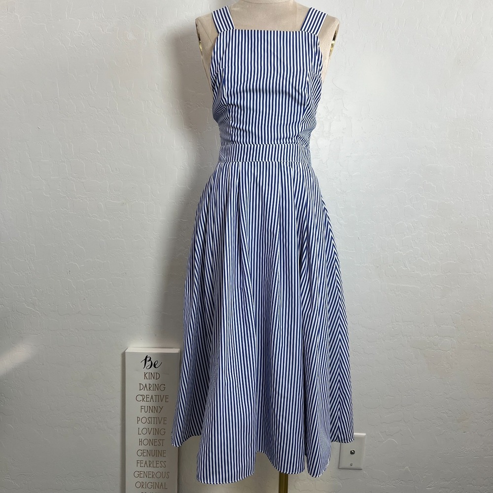 SheIn blue striped sleeveless midi swing dress size XS criss-cross back zipper
